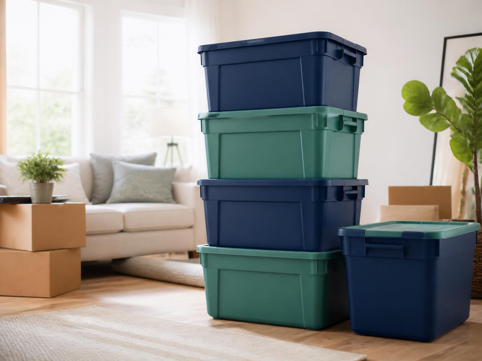 Stack of clean navy and teal reusable moving totes in a modern living room